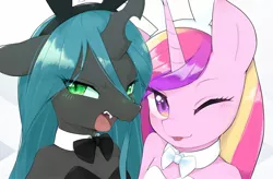 Size: 1535x1009 | Tagged: suggestive, artist:30clock, derpibooru import, princess cadance, queen chrysalis, alicorn, anthro, changeling, changeling queen, semi-anthro, adorasexy, bipedal, blushing, bowtie, breasts, bunny ears, bunny suit, chestbreasts, clothes, cute, cutie mark, duo, duo female, eyebrows, eyelashes, fangs, female, females only, green eyes, horn, insect wings, leotard, looking at you, mare, one eye closed, open mouth, playboy bunny, purple eyes, royalty, sexy, small breasts, stupid sexy chrysalis, stupid sexy princess cadance, teeth, tongue out, wings, wink