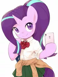 Size: 1536x2048 | Tagged: safe, artist:30clock, derpibooru import, starlight glimmer, anthro, semi-anthro, unicorn, arm hooves, clothes, cute, female, glimmerbetes, holding, mare, mobile phone, phone, pleated skirt, selfie, skirt, smartphone, smiling, solo