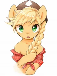 Size: 1536x2048 | Tagged: suggestive, artist:30clock, derpibooru import, applejack, earth pony, pony, alternate hairstyle, braid, clothes, cowboy hat, female, front knot midriff, hat, looking at you, mare, midriff, off shoulder, open mouth, plaid shirt, simple background, solo, stetson, white background