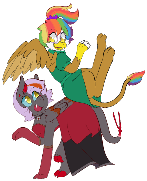 Size: 842x1040 | Tagged: safe, artist:coffeedazes, derpibooru import, oc, oc:fickle fortune, oc:rainbow feather, gryphon, clothes, dancing, dracosteed, dress, friends, interspecies offspring, magical lesbian spawn, offspring, parent:funeral dirge, parent:gilda, parent:rainbow dash, parents:gildash, pony prom, prom, simple background, transparent background