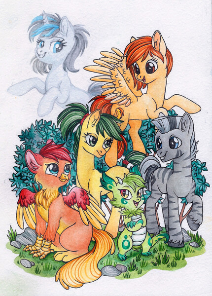 Size: 1278x1783 | Tagged: safe, artist:red-watercolor, derpibooru import, oc, oc:amber wing, oc:firetale, oc:mirror image, oc:pepper slice, oc:sweet heat, oc:udoroth, oc:zeki, unofficial characters only, dragon, earth pony, ghost, gryphon, pegasus, pony, unicorn, zebra, baby, baby dragon, female, foal, grass, group, group shot, horn, male, mare, stallion, stripes, traditional art, wings