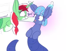 Size: 1500x1050 | Tagged: safe, artist:heir-of-rick, derpibooru import, oc, oc:clover, oc:sapphire lollipop, unofficial characters only, lamia, original species, snake pony, :p, boop, silly, tongue out