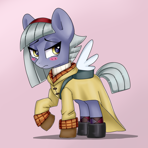 Size: 900x900 | Tagged: safe, artist:rosefluffdraws, derpibooru import, limestone pie, earth pony, pony, backpack, blushing, boots, clothes, coat, cosplay, costume, female, gloves, headband, kanon, looking away, mare, pink background, raised hoof, shadow, shoes, simple background, solo