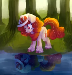 Size: 1340x1392 | Tagged: safe, artist:darkanutiy, derpibooru import, oc, oc:popcorn, unofficial characters only, earth pony, pony, female, forest, looking down, mare, reflection, solo, water