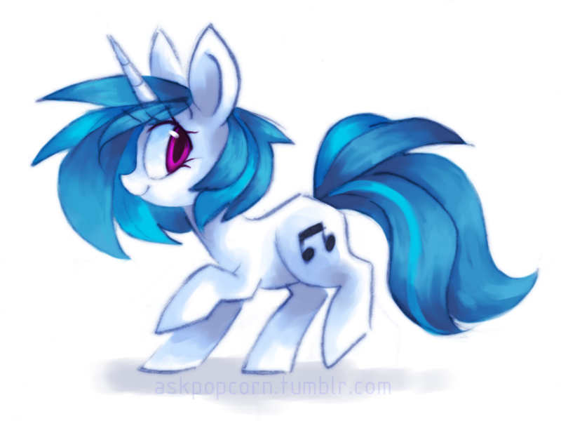 Size: 945x709 | Tagged: safe, artist:askpopcorn, derpibooru import, vinyl scratch, pony, unicorn, female, looking at you, mare, sideways glance, simple background, smiling, solo