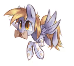 Size: 539x482 | Tagged: safe, artist:askpopcorn, derpibooru import, derpy hooves, pegasus, pony, clothes, female, letter, mare, mouth hold, simple background, socks, solo