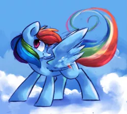 Size: 1181x1063 | Tagged: safe, artist:askpopcorn, derpibooru import, rainbow dash, pegasus, pony, cloud, cutie mark, female, hooves, mare, on a cloud, smiling, solo, spread wings, standing on cloud, wings