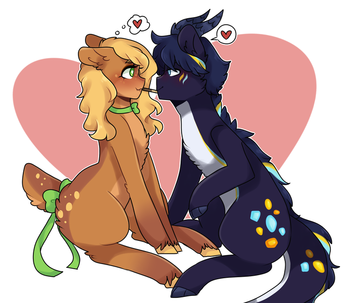 Size: 3558x3096 | Tagged: artist:hiimrushing, bow, commission, couple, deer pony, derpibooru import, dracony, female, food, gift art, heart, hybrid, imminent kissing, male, oc, oc:azurite, oc:olive branch, oc x oc, olite, original species, pocky, safe, shipping, straight, tail bow, thought bubble, unofficial characters only, ych result