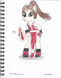 Size: 1641x2097 | Tagged: safe, artist:toonalexsora007, derpibooru import, ponified, pony, unicorn, bipedal, fan, king of fighters, mai shiranui, snk, solo, traditional art