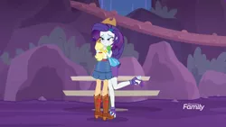 Size: 1280x720 | Tagged: safe, derpibooru import, screencap, applejack, rarity, equestria girls, equestria girls series, rollercoaster of friendship, boots, clothes, discovery family logo, foot popping, gem, hug, jacket, jewelry, park, reunited, shipping fuel, shoes