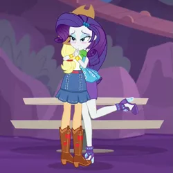 Size: 621x620 | Tagged: safe, derpibooru import, screencap, applejack, rarity, equestria girls, equestria girls series, rollercoaster of friendship, boots, clothes, cropped, discovery family logo, foot popping, gem, hug, jacket, jewelry, park, reunited, shipping fuel, shoes