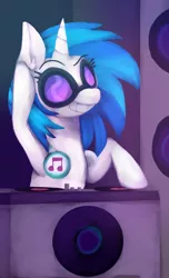 Size: 2975x4900 | Tagged: safe, artist:shibaroll, deleted from derpibooru, derpibooru import, vinyl scratch, pony, unicorn, dj booth, female, grin, headphones, mare, record, smiling, solo, speakers, turntable