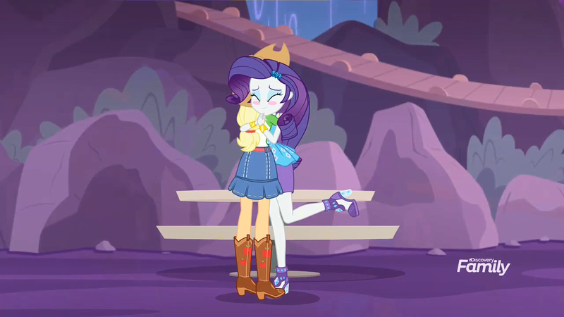 Size: 1280x720 | Tagged: safe, derpibooru import, screencap, applejack, rarity, equestria girls, equestria girls series, rollercoaster of friendship, boots, clothes, discovery family logo, foot popping, gem, hug, jacket, jewelry, one leg raised, park, reunited, shipping fuel, shoes