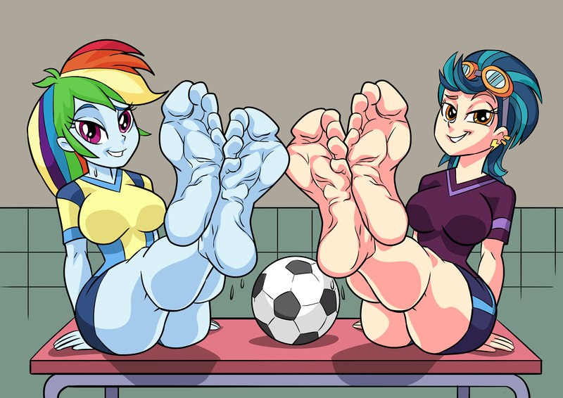 Size: 3507x2481 | Tagged: suggestive, artist:art-2u, derpibooru import, indigo zap, rainbow dash, human, equestria girls, ass, barefoot, bedroom eyes, bench, breasts, busty indigo zap, busty rainbow dash, butt, commission, duo, duo female, feet, feet up, female, females only, fetish, foot fetish, foot focus, football, goggles, high arches, indiglute zap, legs, looking at you, rainbutt dash, sexy, soles, sports, sweaty feet, teasing, thighs, toes