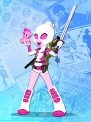 Size: 896x1200 | Tagged: safe, artist:pixelkitties, derpibooru import, pinkie pie, equestria girls, boots, gun, gwenpool, mask, playskool, playskool friends, shoes, sword, toy, weapon