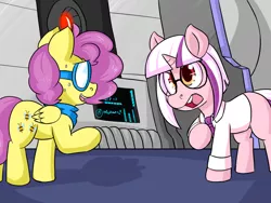 Size: 1280x960 | Tagged: safe, artist:zanezandell, derpibooru import, oc, oc:kid prodigy, oc:sugarbolt, unofficial characters only, pegasus, pony, unicorn, comic:cmcnext, angry, ascot, blank flank, clothes, cmcnext, colt, glasses, goggles, long hair, magical gay spawn, male, necktie, parent:fluttershy, parent:oc:bright idea (cmcn), parent:oc:prodigious intellect, scientific gay spawn, shirt, story included, sweat, technology