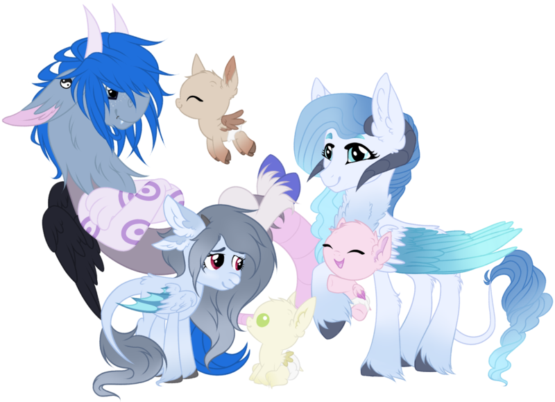 Size: 2068x1497 | Tagged: safe, artist:sweethearttarot, derpibooru import, oc, oc:azure, oc:cosmic hijinx, oc:malteasers, oc:pistachio, oc:shortcake, oc:snowstorm, unofficial characters only, draconequus, dracony, hybrid, pegasus, pony, baby, draconequus oc, family, horns, simple background, size difference, transparent background, triplets