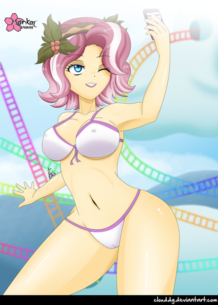 Size: 717x1000 | Tagged: questionable, alternate version, artist:clouddg, derpibooru import, vignette valencia, equestria girls, equestria girls series, rollercoaster of friendship, armpits, belly button, bikini, breasts, busty vignette valencia, cameltoe, clothes, erect nipples, female, flower, flower in hair, holly, human coloration, mobile phone, nipple outline, one eye closed, phone, selfie, sexy, signature, smartphone, solo, solo female, stupid sexy vignette valencia, swimsuit, thighs, wide hips, wink