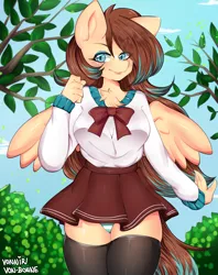 Size: 2280x2880 | Tagged: anthro, artist:vonnir, bowtie, clothes, derpibooru import, female, looking at you, oc, oc:amora bunny, panties, pegasus, safe, school uniform, solo, stockings, thigh highs, underwear, unofficial characters only