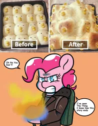 Size: 1024x1304 | Tagged: safe, artist:tranzmuteproductions, derpibooru import, pinkie pie, earth pony, pony, baking, comic, female, flamethrower, mare, peeps, solo, the thing, weapon