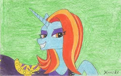 Size: 1561x980 | Tagged: safe, artist:hericks, derpibooru import, sassy saddles, pony, female, green background, signature, simple background, smiling, solo, traditional art