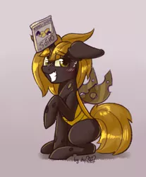 Size: 1109x1340 | Tagged: safe, artist:dsp2003, derpibooru import, changeling queen oc, oc, oc:chips, unofficial characters only, changeling, changeling queen, pony, 30 minute art challenge, blushing, brown changeling, caught, changeling oc, chips, digital art, female, food, gradient background, grin, hiding in plain sight, looking at you, mare, nervous, nervous grin, raised hoof, smiling, solo, sweatdrop