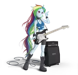Size: 1200x1150 | Tagged: safe, artist:vyazinrei, derpibooru import, rainbow dash, equestria girls, amplifier, boots, clothes, female, guitar, guitar pick, midriff, shoes, shorts, simple background, solo, transparent background