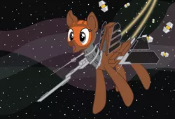 Size: 3000x2042 | Tagged: safe, artist:novafusion, derpibooru import, oc, oc:gravity cap, unofficial characters only, original species, plane pony, pony, eve online, excited, minmatar, nebula, open mouth, plane, scanning, smiling, solar panel, solo, space, space ship, stars, vector