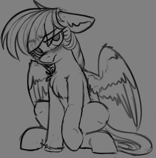 Size: 1945x1976 | Tagged: safe, artist:yoditax, derpibooru import, rainbow dash, pegasus, pony, blushing, chest fluff, cute, dashabetes, floppy ears, lidded eyes, monochrome, raised eyebrow, raised hoof, sitting, sketch, solo