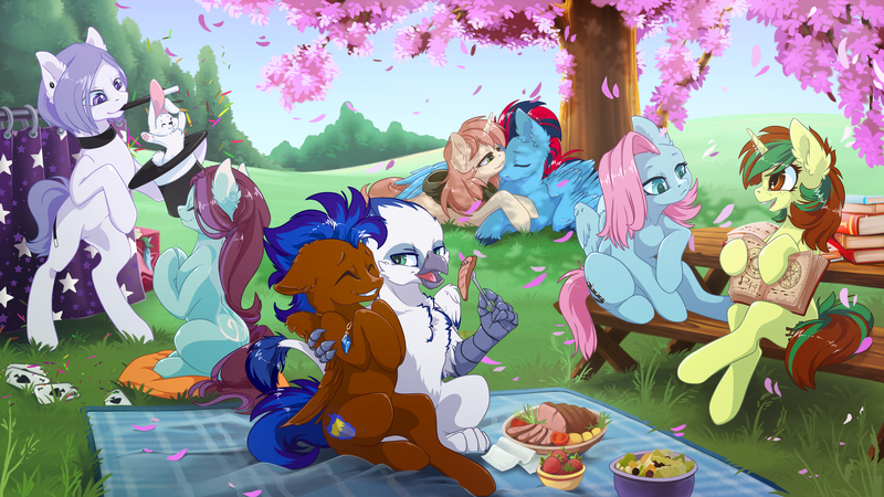 Size: 4961x2792 | Tagged: safe, artist:arctic-fox, derpibooru import, oc, oc:andrew swiftwing, oc:aveline, oc:avon, oc:clouded wisp, oc:ghislain, oc:jewel, oc:nimble wing, oc:northern spring, unofficial characters only, earth pony, gryphon, pegasus, pony, rabbit, unicorn, blurred background, book, box, bunny out of the hat, card, cherry blossoms, choker, chromatic aberration, clapping, clothes, commission, confetti, curtains, eyes closed, female, field, floppy ears, flower, flower blossom, food, fork, freckles, group, happy, hat, hood, hoodie, hug, jewelry, lying down, magic, magic circle, magic trick, magic wand, male, meat, napkin, necklace, park, picnic, picnic blanket, picnic table, piercing, pillow, plants, playing card, rearing, salad, shipping, sitting, strawberry, table, tattoo, top hat, tree, winghug