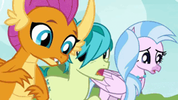 Size: 480x270 | Tagged: safe, derpibooru import, screencap, gallus, ocellus, sandbar, silverstream, smolder, yona, changedling, changeling, classical hippogriff, dragon, earth pony, gryphon, hippogriff, pony, yak, non-compete clause, animated, bow, cloven hooves, dragoness, female, gif, hair bow, jewelry, male, monkey swings, necklace, student six, teenager
