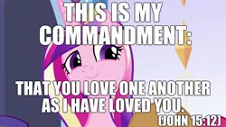 Size: 1920x1080 | Tagged: applejack's hat, bible verse, christianity, cowboy hat, derpibooru import, edit, edited screencap, editor:useraccount, equestria girls (movie), hat, image macro, love, meme, pinkie pie, princess cadance, princess of love, rarity, religion, safe, screencap, solo focus, text