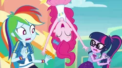 Size: 1280x720 | Tagged: safe, derpibooru import, screencap, pinkie pie, rainbow dash, sci-twi, twilight sparkle, equestria girls, equestria girls series, rollercoaster of friendship, geode of super speed, geode of telekinesis, in which pinkie pie forgets how to gravity, magical geodes, me my selfie and i, pinkie being pinkie, pinkie logic, pinkie physics, ponytail