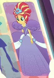 Size: 246x356 | Tagged: safe, derpibooru import, screencap, sunset shimmer, equestria girls, equestria girls series, rollercoaster of friendship, alternate hairstyle, clothes, cropped, crown, dress, gown, impossibly large dress, jewelry, poofy shoulders, princess, regalia, solo