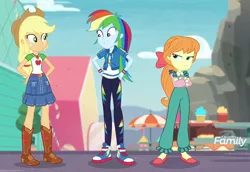 Size: 920x632 | Tagged: safe, derpibooru import, screencap, applejack, megan williams, rainbow dash, equestria girls, equestria girls series, rollercoaster of friendship, cameo, clothes, converse, g1, g1 to equestria girls, generation leap, geode of super speed, geode of super strength, magical geodes, shoes, sneakers, unamused