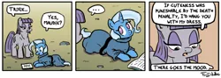 Size: 750x268 | Tagged: suggestive, artist:foudubulbe, derpibooru import, maud pie, trixie, earth pony, pony, unicorn, comic:damp rocks, ..., adorable face, clothes, comic, cute, female, lesbian, mare, mauxie, muscles, shipping, speech bubble