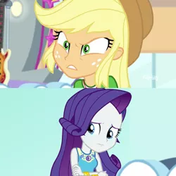 Size: 1080x1080 | Tagged: safe, derpibooru import, screencap, applejack, rarity, equestria girls, equestria girls series, rollercoaster of friendship, angry, caption this, crying, geode of shielding