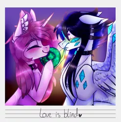 Size: 2800x2830 | Tagged: safe, artist:honeybbear, derpibooru import, oc, oc:cyan crystal, oc:mochi, dracony, hybrid, snail, unicorn, female, high res, kissing, mare