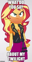Size: 358x689 | Tagged: safe, derpibooru import, sunset shimmer, equestria girls, equestria girls series, rollercoaster of friendship, angry, female, geode of empathy, image macro, implied lesbian, implied scitwishimmer, implied shipping, meme, simple background, solo, white background