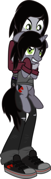 Size: 798x2768 | Tagged: safe, artist:lightningbolt, derpibooru import, ponified, ponified:kellin quinn, pony, unicorn, equestria girls, .svg available, carrying, chains, clothes, disguise, disguised siren, duo, equestria girls ponified, equestria girls-ified, fangs, floppy ears, grin, hair over one eye, holding, hoodie, human ponidox, jeans, looking at each other, looking down, looking up, male, pants, pierce the veil, ripped jeans, self ponidox, shoes, simple background, sleeping with sirens, slit eyes, smiling, sneakers, stallion, svg, transparent background, vector