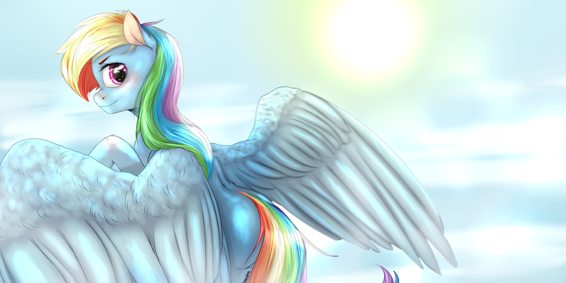 Size: 2048x1024 | Tagged: safe, artist:labglab, derpibooru import, rainbow dash, pegasus, pony, blue, rcf community, sky, solo, wings