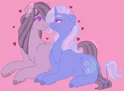 Size: 2963x2178 | Tagged: safe, artist:sodaaz, derpibooru import, marble pie, trixie, pony, couple, crack shipping, curved horn, female, heart, leonine tail, lesbian, lidded eyes, looking at each other, marbixie, mare, pink background, shipping, simple background, unshorn fetlocks