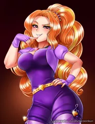 Size: 800x1042 | Tagged: safe, artist:racoonsan, derpibooru import, adagio dazzle, equestria girls, breasts, busty adagio dazzle, cleavage, clothes, confident, curvy, female, fingerless gloves, gem, gloves, hand on hip, hips, hourglass figure, jewelry, looking at you, looking down, necklace, raised eyebrow, sexy, siren gem, smiling, smug, solo, stupid sexy adagio dazzle