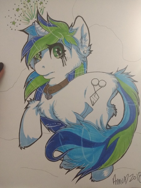 Size: 3120x4160 | Tagged: safe, artist:annuthecatgirl, derpibooru import, oc, oc:sharp shear, unofficial characters only, pony, unicorn, collar, crying, ear piercing, earring, jewelry, magic, makeup, piercing, raised hoof, running makeup, solo, traditional art, unshorn fetlocks, vent art