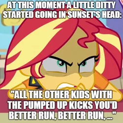 Size: 500x500 | Tagged: safe, derpibooru import, edit, edited screencap, screencap, sunset shimmer, equestria girls, equestria girls series, rollercoaster of friendship, angry, cropped, foster the people, imminent school shooting, pumped up kicks, school shooting, song reference