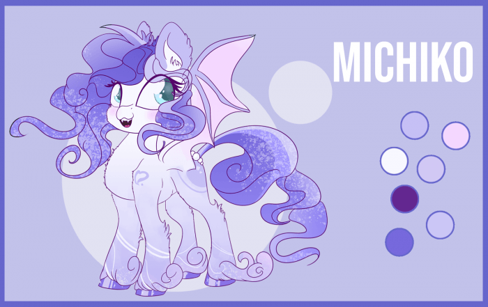 Size: 700x441 | Tagged: safe, artist:hagallaz, derpibooru import, oc, oc:michiko, bat pony, kirin, pony, adoptable, bat pony oc, blue eyes, fangs, purple, reference sheet, simple background, unshorn fetlocks