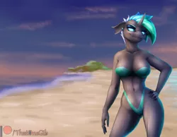 Size: 1280x992 | Tagged: anthro, anthro oc, artist:thatonegib, beach, belly button, bikini, bikini top, breasts, changeling, changeling oc, clothes, cloud, derpibooru import, ear piercing, earring, eyelashes, eyeshadow, female, hand, hand on hip, jewelry, looking at you, makeup, multicolored hair, oc, ocean, oc:lingwave, paint tool sai, paint tool sai 2, patreon, patreon link, patreon logo, piercing, sand, scenery, smiling, solo, suggestive, sunset, swimsuit, unofficial characters only, water