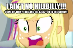 Size: 649x432 | Tagged: safe, derpibooru import, edit, edited screencap, screencap, applejack, equestria girls, equestria girls series, rollercoaster of friendship, angry, caption, death threat, excessive exclamation marks, hat, hillbilly, image macro, meme, stereotype, threat, wide eyes