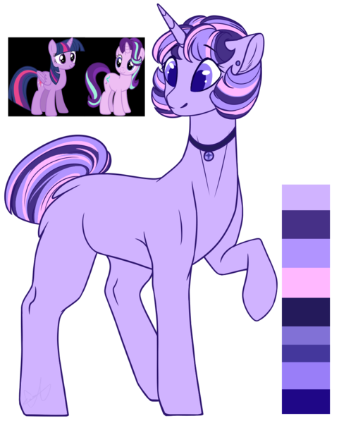 Size: 938x1169 | Tagged: safe, artist:cani-chan, artist:purplegrim40, derpibooru import, starlight glimmer, twilight sparkle, twilight sparkle (alicorn), oc, unofficial characters only, alicorn, pony, unicorn, choker, cute, female, horn, image, lesbian, magical lesbian spawn, mare, ocbetes, offspring, parent:starlight glimmer, parent:twilight sparkle, parents:twistarlight, png, raised hoof, shipping, simple background, transparent background, twistarlight, unicorn oc