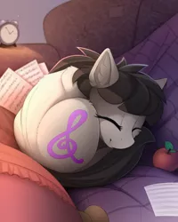 Size: 1500x1874 | Tagged: safe, artist:yakovlev-vad, derpibooru import, octavia melody, earth pony, pony, alarm clock, apple, behaving like a cat, cattavia, clock, colored, curled up, cute, daaaaaaaaaaaw, eyes closed, female, food, fruit, hnnng, mare, music notes, paper, precious, sketch, sleeping, solo, sweet dreams fuel, tavibetes, tavicat, weapons-grade cute, yakovlev-vad is trying to murder us